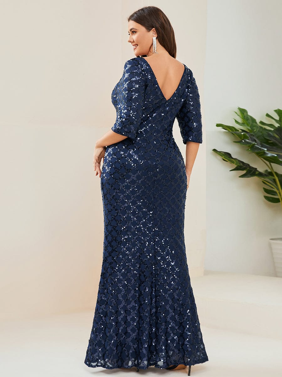 Plus Size Sequin Bodycon 3/4 Sleeve Boatneck Evening Dress