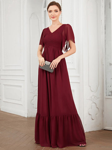 Short Sleeve V-Neck Shirred A-Line Evening Dress