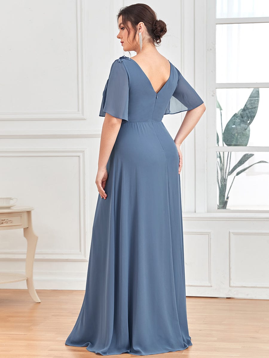 Chiffon Pleated V-Neck Sequin Applique Evening Dress