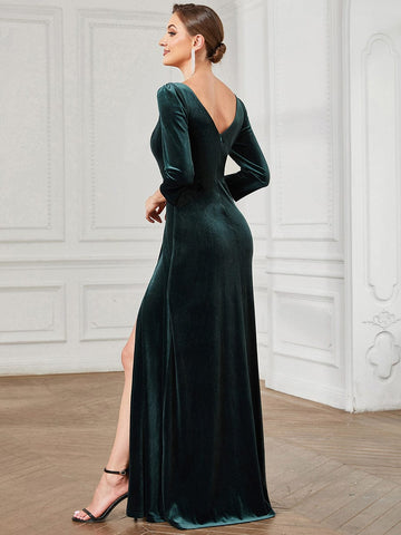 Velvet 3/4 Length Sleeve Illusion V-Neck Front Slit Evening Dress