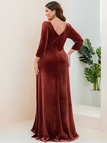 Velvet 3/4 Length Sleeve Illusion V-Neck Front Slit Evening Dress