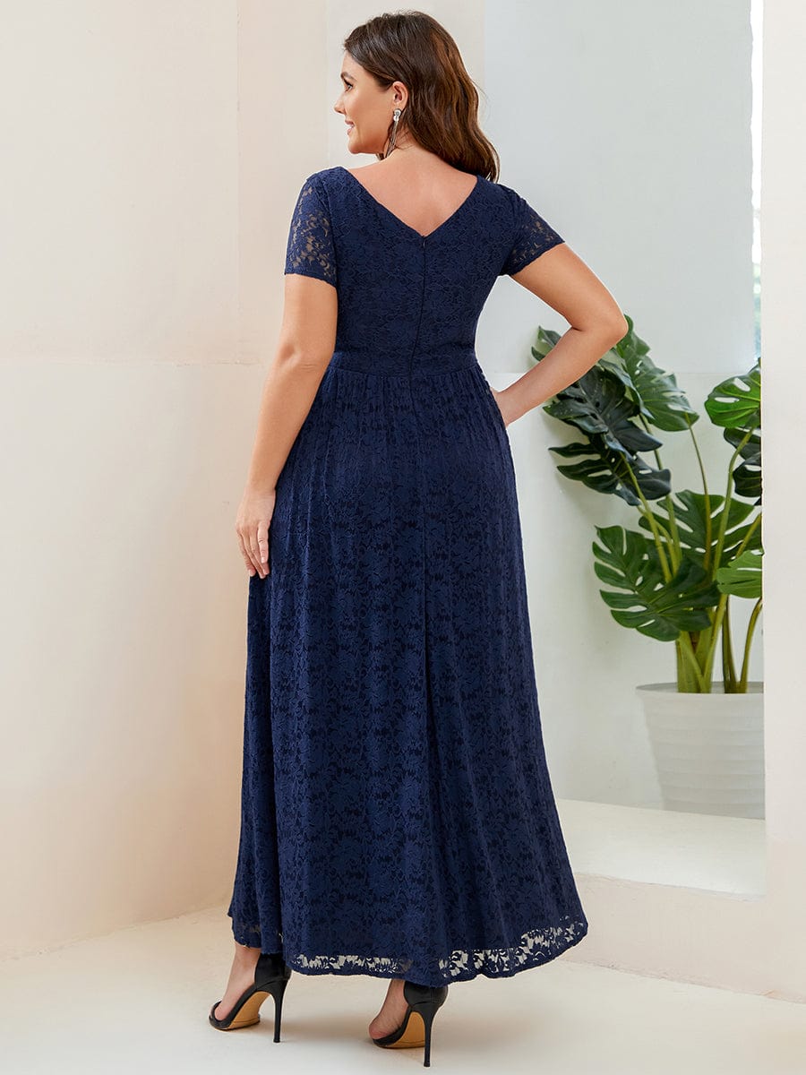 Plus Size A-Line Short Sleeve V-Neck Lace Evening Dress