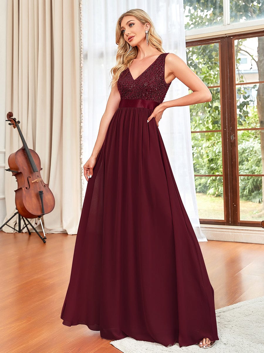 Sequin Sleeveless Plunging V-Neck Ribbon Waist Chiffon A-Line Evening Dress