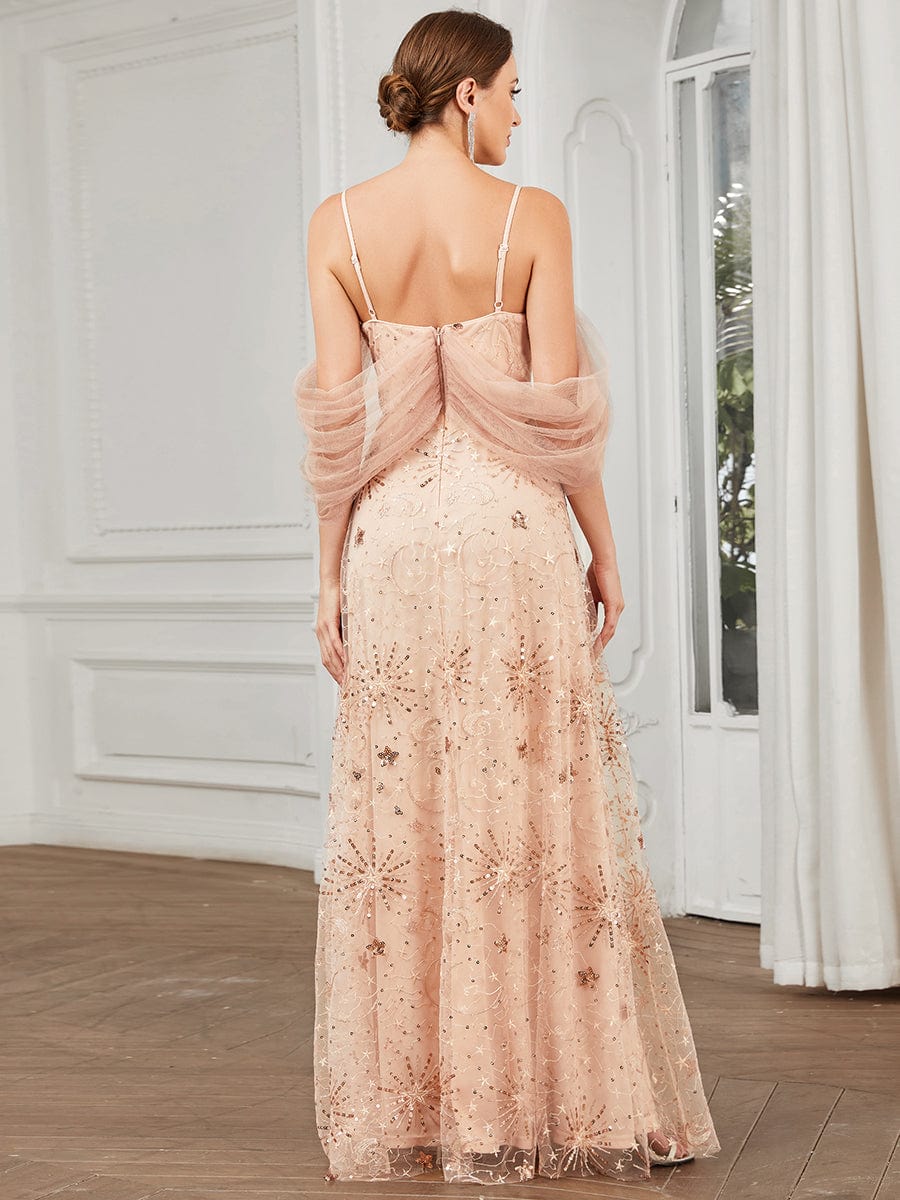 Draped Tulle Cold Shoulder Sequin A-Line Evening Dress