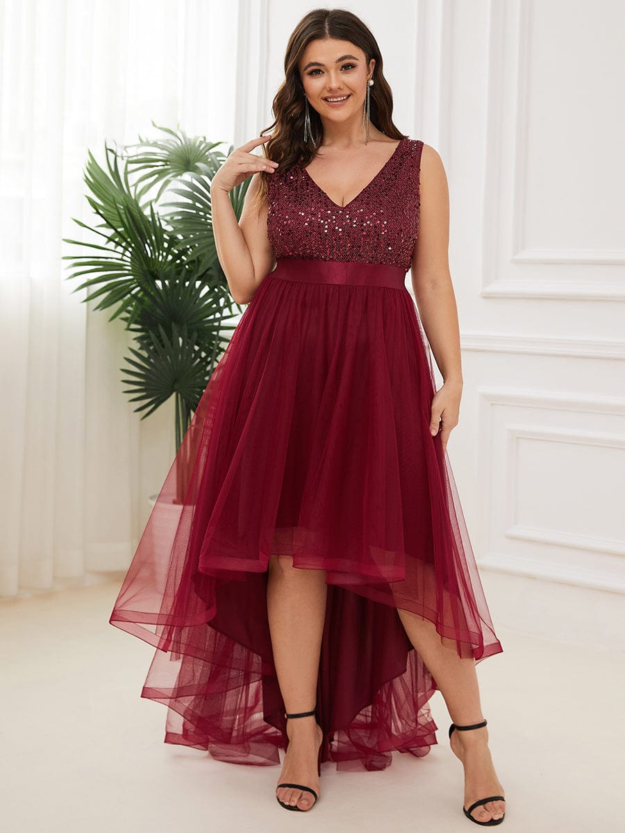Plus Size Sleeveless Sequin Ribbon Waist Tulle High Low Evening Dress