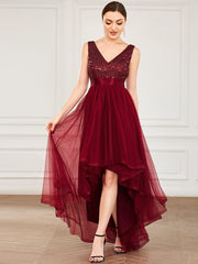 Sleeveless Sequin Ribbon Waist Tulle High Low Evening Dress