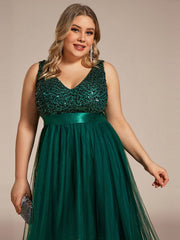 Sequin Bodice Tulle High-Low Evening Dress with Ribbon Waist