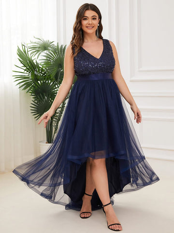 Plus Size Sleeveless Sequin Ribbon Waist Tulle High Low Evening Dress