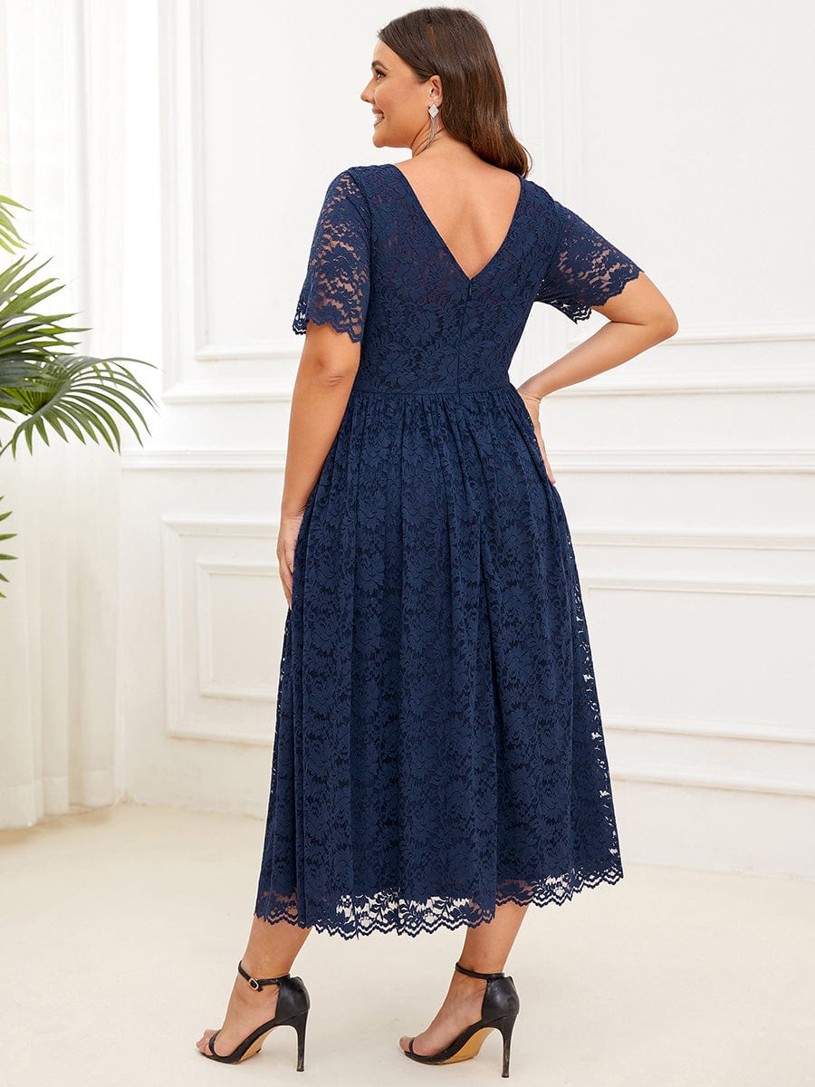 Plus Size Lace Pleated Scoop Neck Short Sleeve Evening Dress
