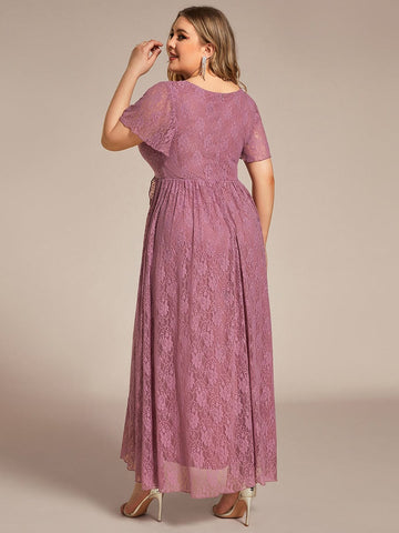 Pleated V-Neck Short Sleeve Ruffled Lace Evening Dress