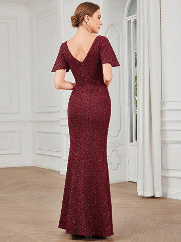V-Neck Short Sleeve Sequin Striped Floor-Length Bodycon Evening Dress