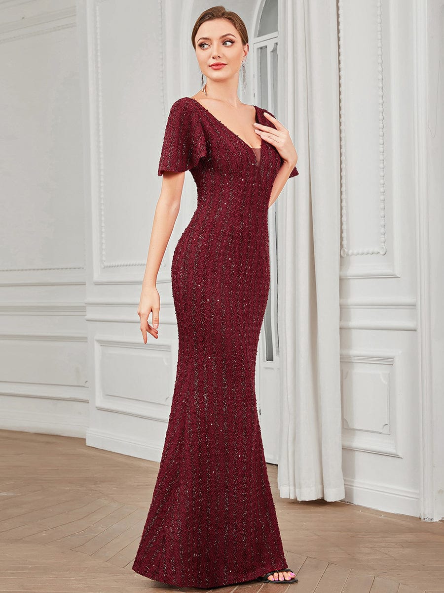 V-Neck Short Sleeve Sequin Striped Floor-Length Bodycon Evening Dress