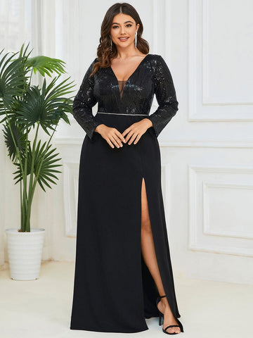 Sequin Long Sleeve V-Neck High Slit Evening Dress
