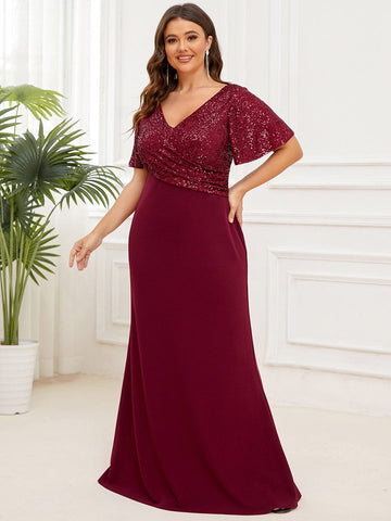 Plus Size Top Cinched Waist Column Sequin Evening Dress