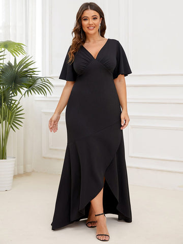 Plus Size V-Neck Pleated Short Sleeve Ruffled Front Slit Evening Dress