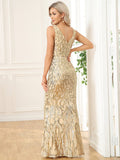 V-Neck Sleeveless Bodycon Floor-Length Sequin Evening Dress