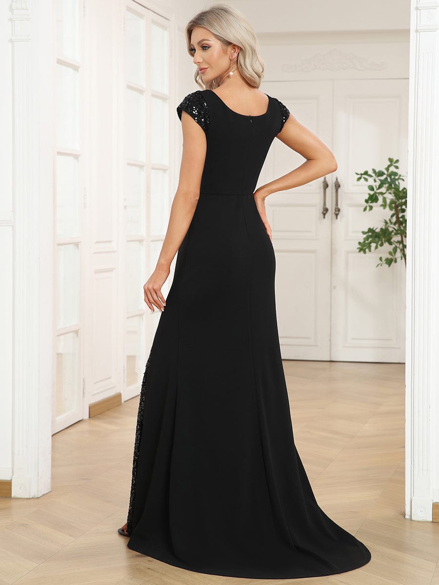 Sequin Cap Sleeve V-Neck A-Line Evening Dress
