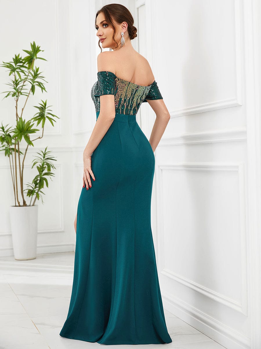 Off-Shoulder Sequin High Front Slit Evening Dress