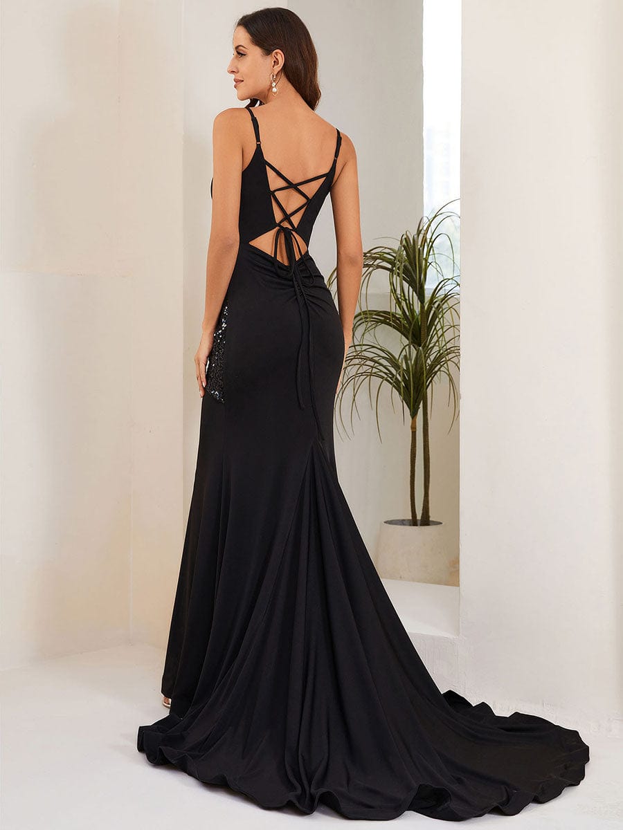 Back Lace-Up Pleated V-Neck Sequin Fishtail Evening Dress