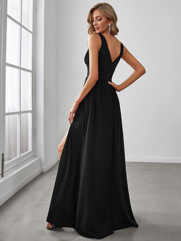 Sleeveless V-Neck Empire Waist High Slit Floor-Length Evening Dress