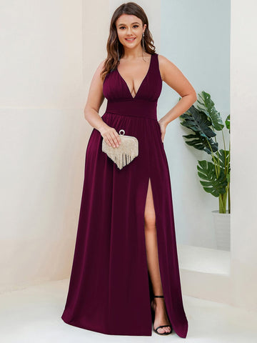 Plus Size Sleeveless V-Neck Empire Waist High Slit Floor-Length Evening Dress