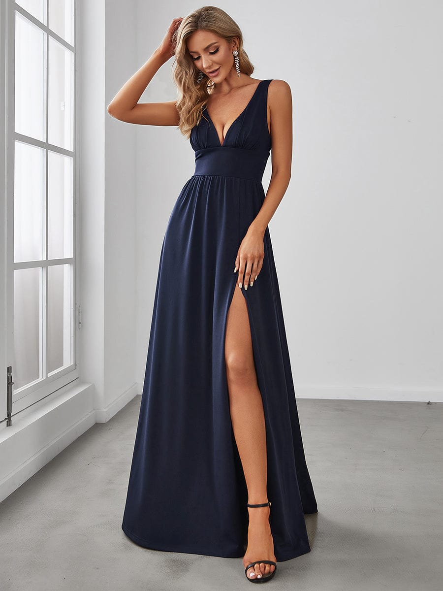 Sleeveless V-Neck Empire Waist High Slit Floor-Length Evening Dress