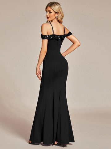 Elegant Sequin Sleeve Evening Dress with Spaghetti Straps