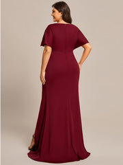 Pleated High Split Hollow Out Sequin Sleeve V-Neck Evening Dress