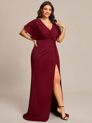 Plus Size Sequin Sleeve High Split Evening Dress with Pleated