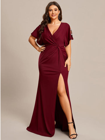 Pleated High Split Hollow Out Sequin Sleeve V-Neck Evening Dress