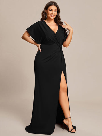 Plus Size Sequin Sleeve High Split Evening Dress with Pleated