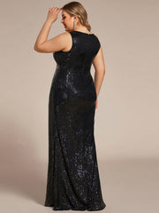 Plus Size High Split Dazzling Sequin Deep V-Neck Evening Dress
