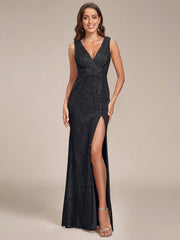 Shiny Sleeveless Sequin Deep V-Neck High Split Evening Dress