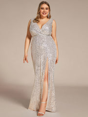 Plus Size High Split Dazzling Sequin Deep V-Neck Evening Dress