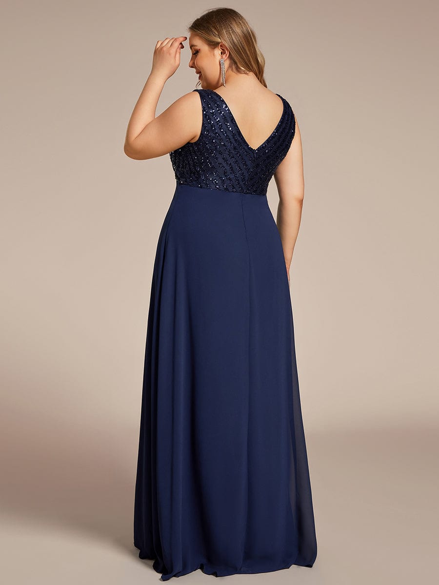Sequin Sleeveless Double V-Neck Formal Evening Dress