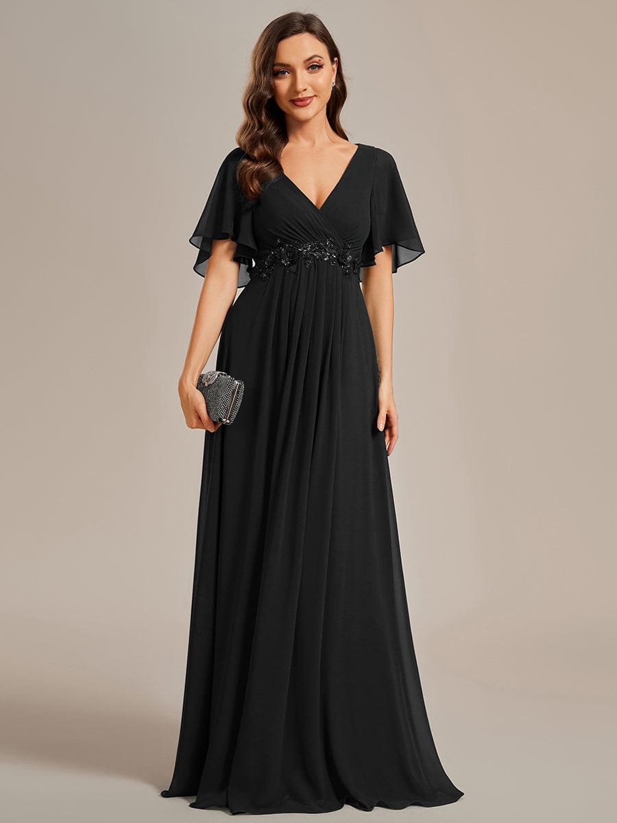 Ruffles Sleeve A-Line Chiffon Waist Applique Maxi Evening Dress