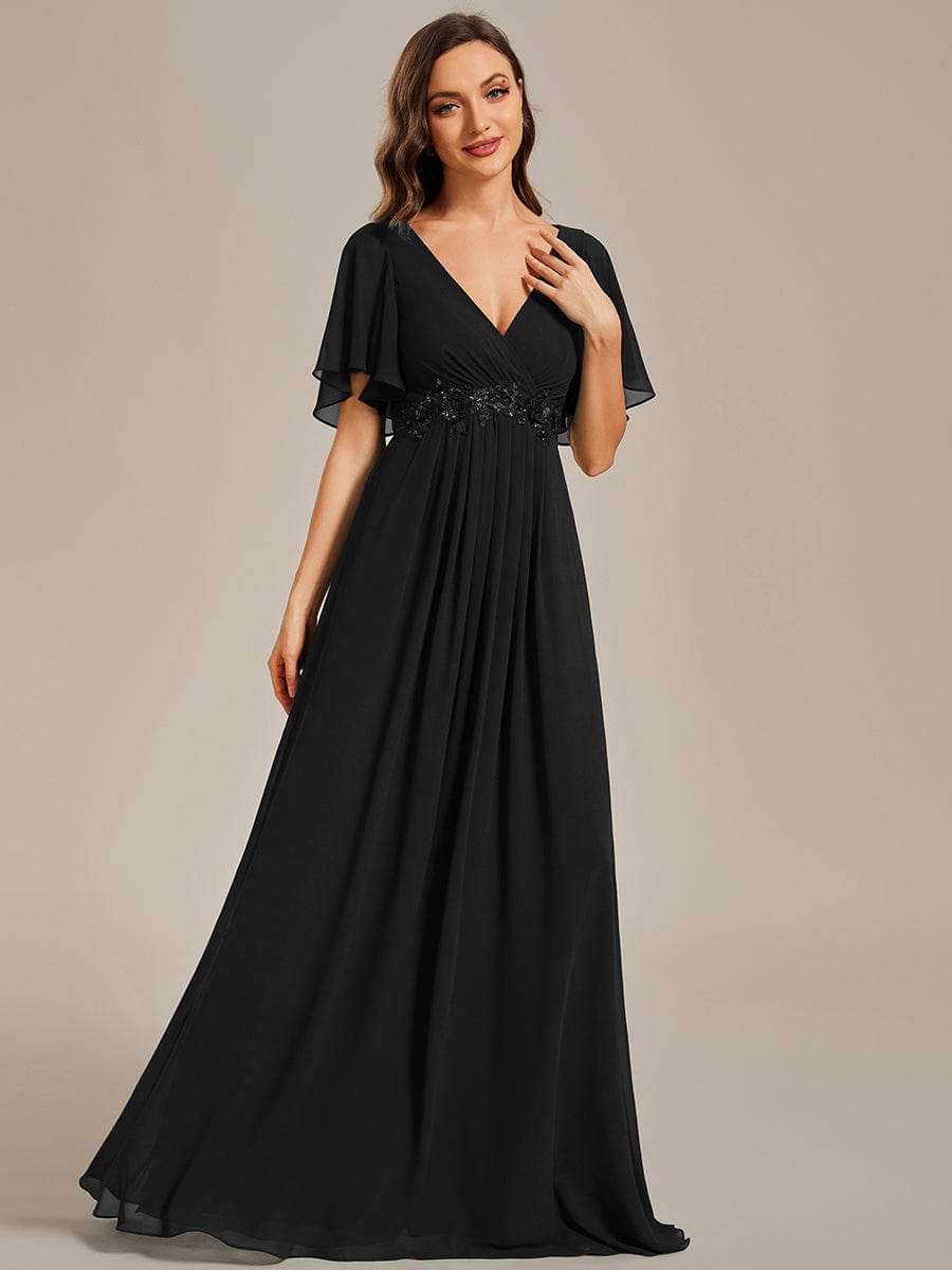 Ruffles Sleeve A-Line Chiffon Waist Applique Maxi Evening Dress