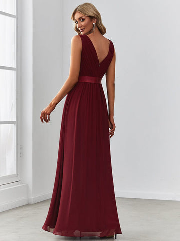 Chiffon Illusion V-Neck Sequin Belt A-Line Evening Dress