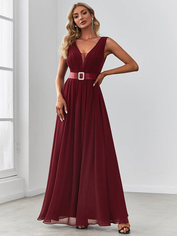 Chiffon Illusion V-Neck Sequin Belt A-Line Evening Dress