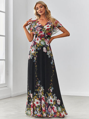 Floral Short Sleeve V-Neck Chiffon A-Line Evening Dress