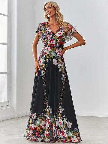 Floral Short Sleeve V-Neck Chiffon A-Line Evening Dress