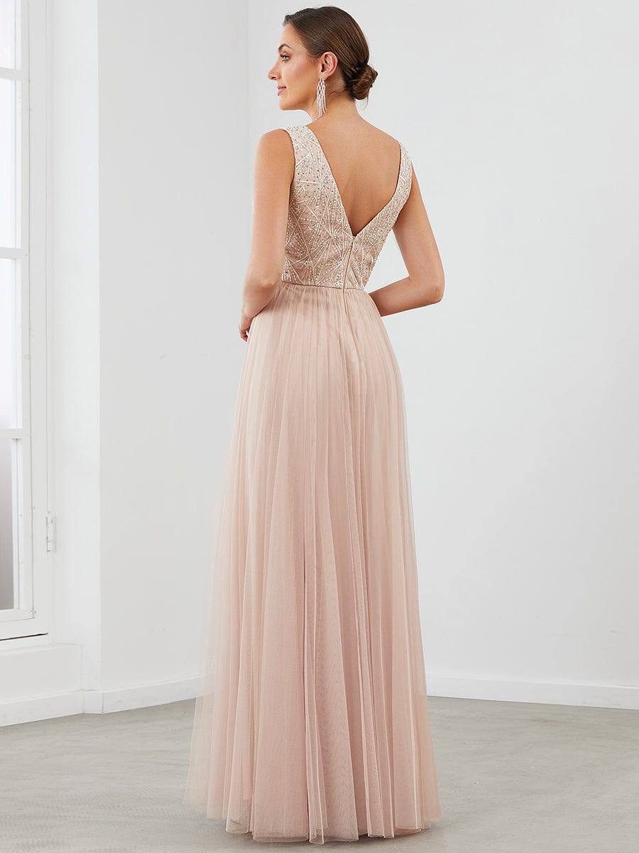 Sleeveless V-Neck Lace Sequin A-Line Tulle Evening Dress