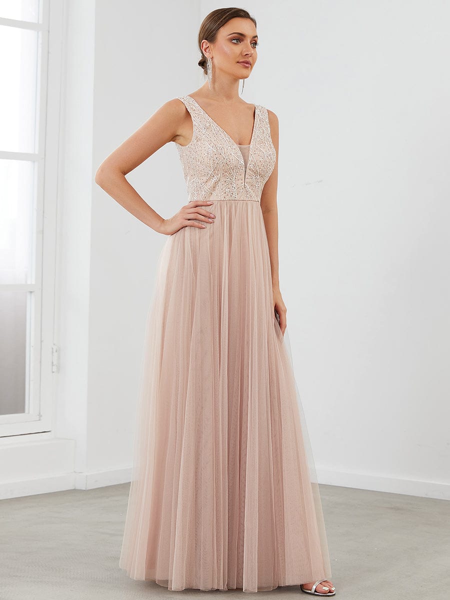 Sleeveless V-Neck Lace Sequin A-Line Tulle Evening Dress