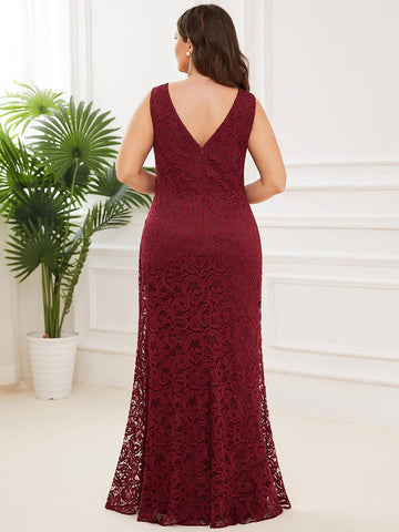 Plus Size Pleated Lace Bodycon Sleeveless Floor-Length Evening Dress