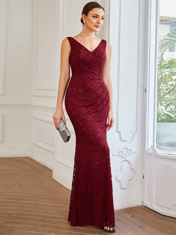 Pleated Lace Bodycon Sleeveless Floor-Length Evening Dress