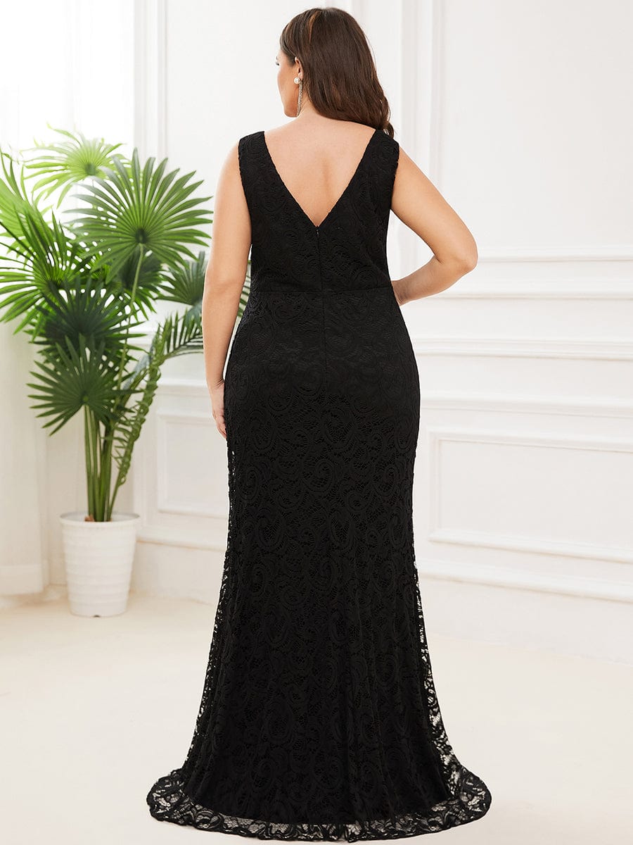 Plus Size Pleated Lace Bodycon Sleeveless Floor-Length Evening Dress