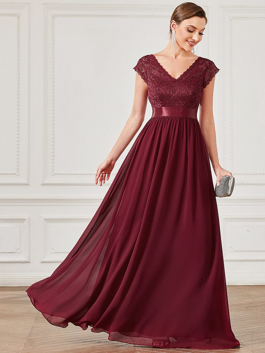 V-Neck Lace Empire Waist Short Sleeve Chiffon Evening Dress