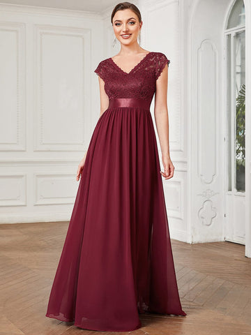 V-Neck Lace Empire Waist Short Sleeve Chiffon Evening Dress