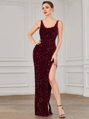 Spaghetti Strap Ruched Sequin High Slit Evening Dress