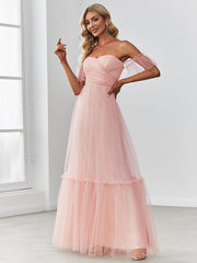 Off-Shoulder Sweetheart Double Layer Pleated Evening Dress